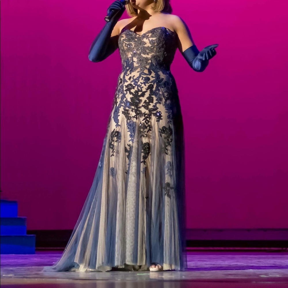 Blue and tan lace gown